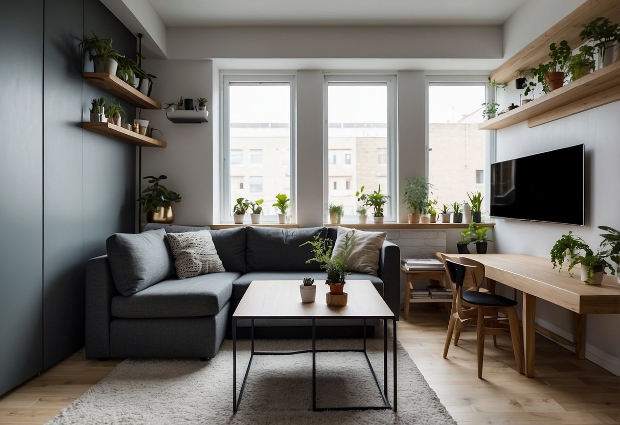 A small apartment with foldable tables, wall-mounted shelves, and a convertible sofa bed, maximizing space