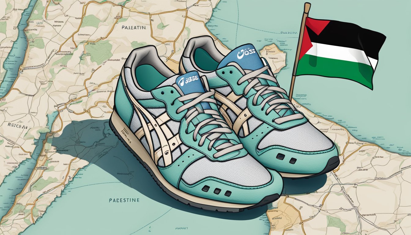 A pair of Asics sneakers placed on a map of Palestine, with a small Palestinian flag next to them