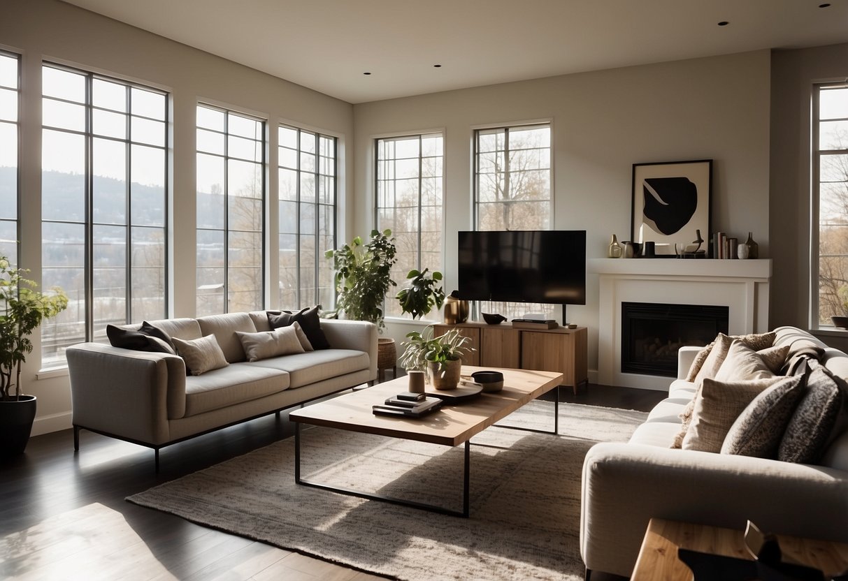 A cozy living room with modern furniture, including a comfortable sofa, sleek coffee table, and stylish entertainment unit. Bright natural light streams in through large windows, illuminating the space