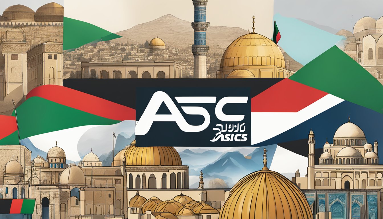 Asics logo displayed in Palestinian flag colors, surrounded by images of historical landmarks and cultural symbols