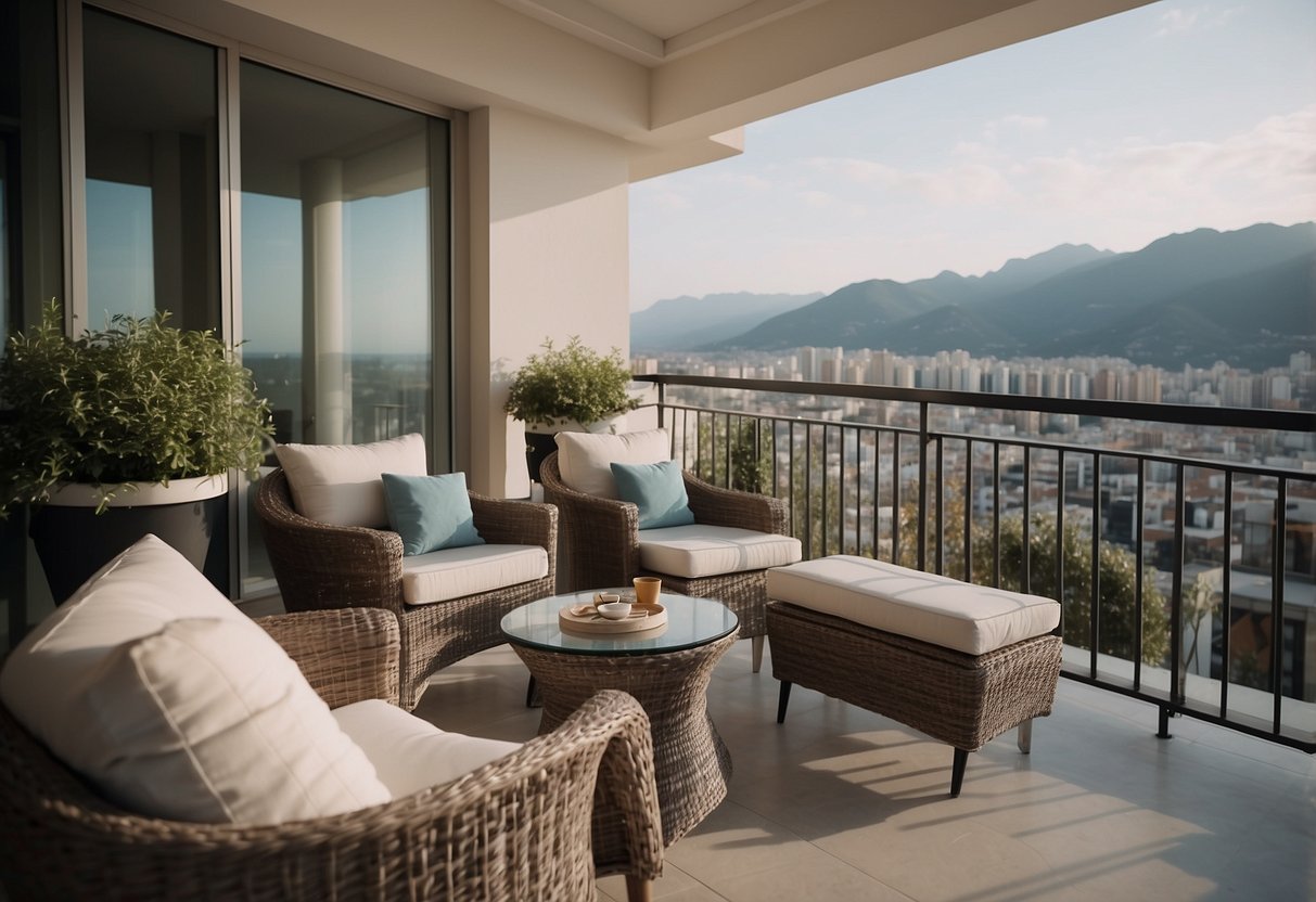 A balcony with modern, comfortable furniture arranged neatly for relaxation and socializing