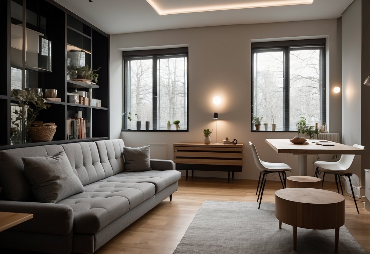 A compact living room with multi-functional furniture: a sofa that transforms into a bed, a coffee table with built-in storage, and a wall-mounted folding dining table
