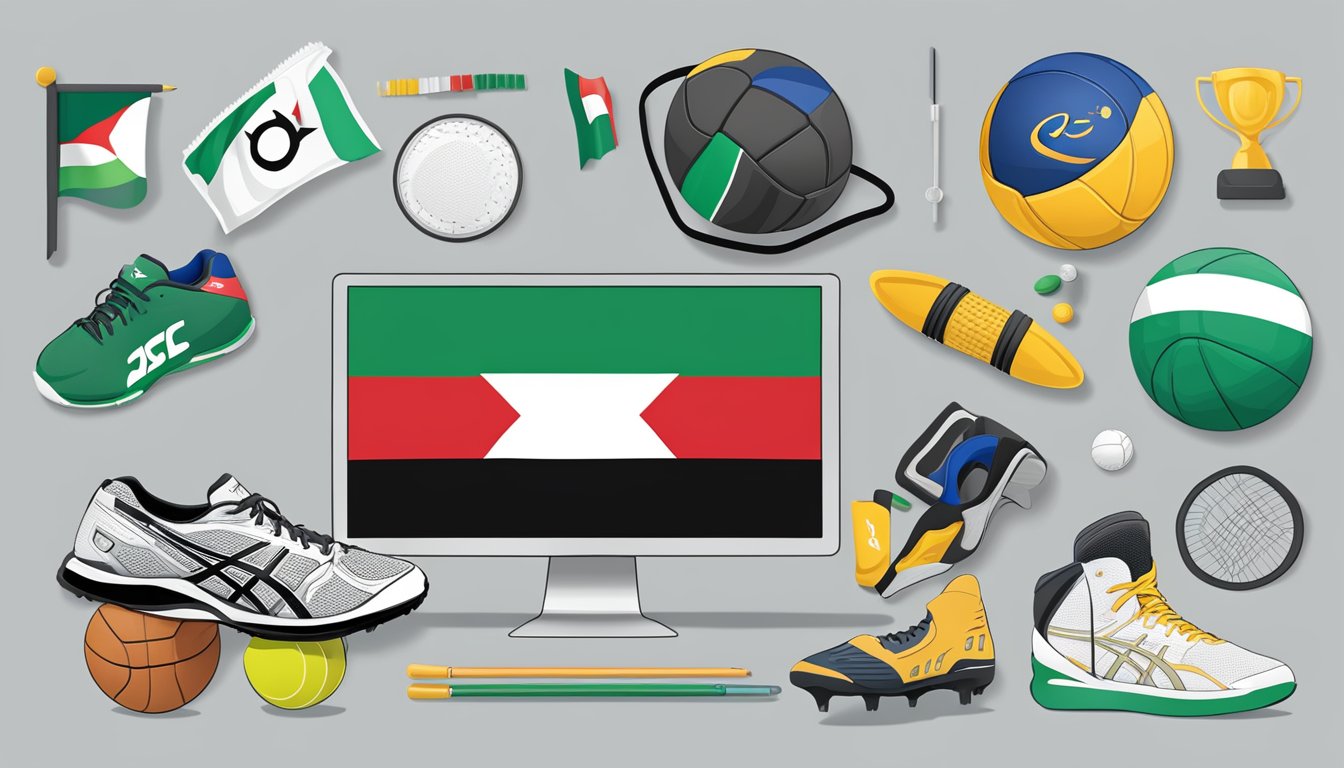 Asics logo displayed next to Palestinian flag, surrounded by sports equipment and statistics