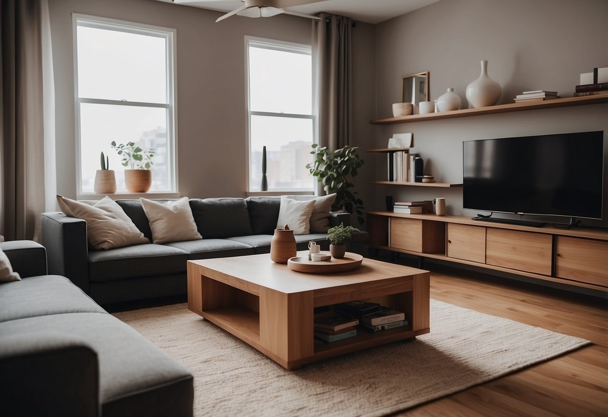 A cozy living room with a modern Jiji furniture set, including a sleek sofa, coffee table, and minimalist bookshelf