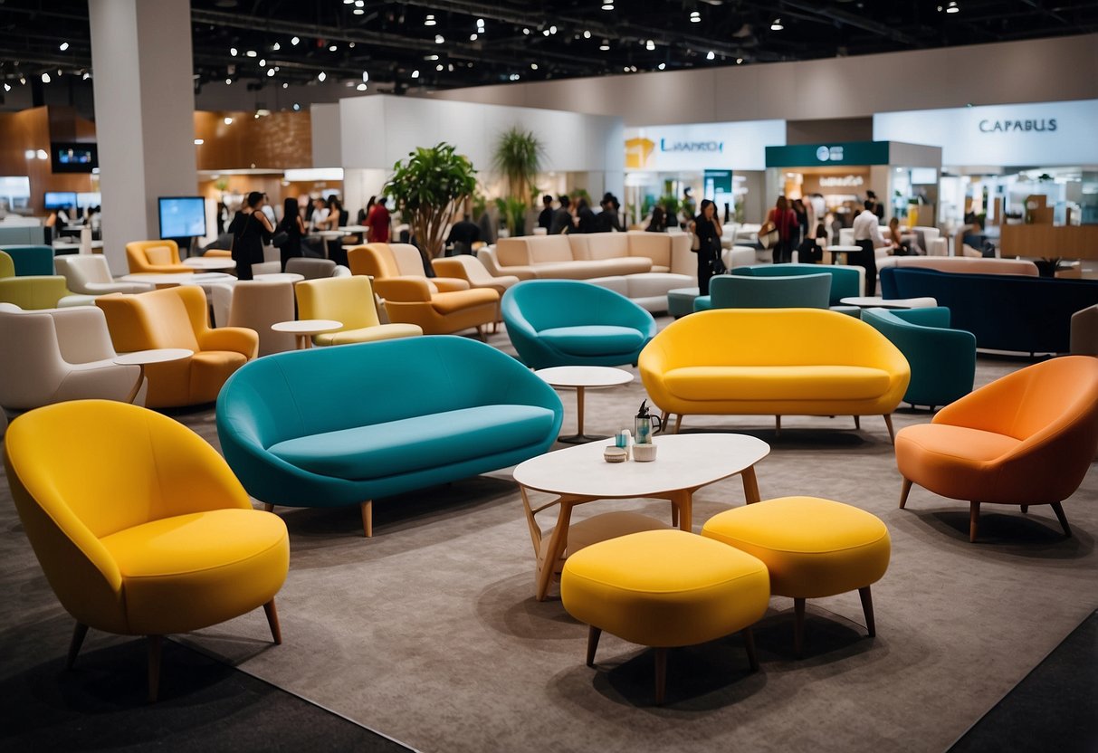 The expo furniture fair bustles with sleek, modern designs and vibrant color schemes. Rows of stylish chairs, tables, and sofas create an inviting atmosphere for visitors to explore