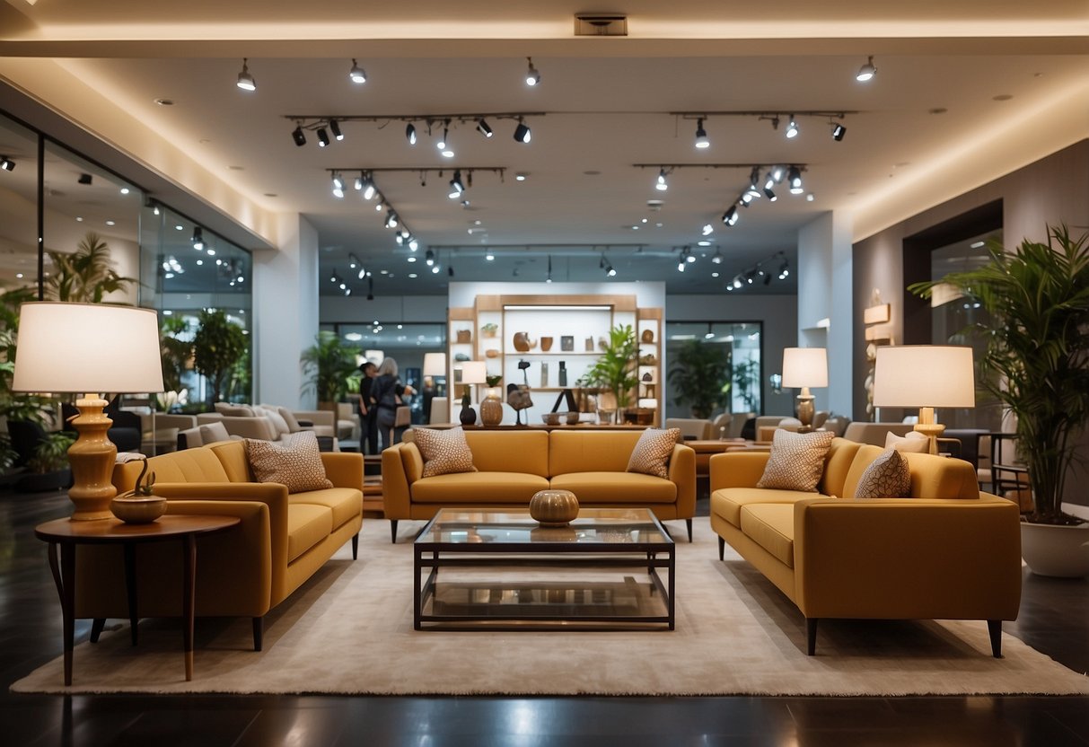 Customers browsing Jiji's furniture showroom, admiring various selections and styles. Brightly lit space with modern and classic pieces on display