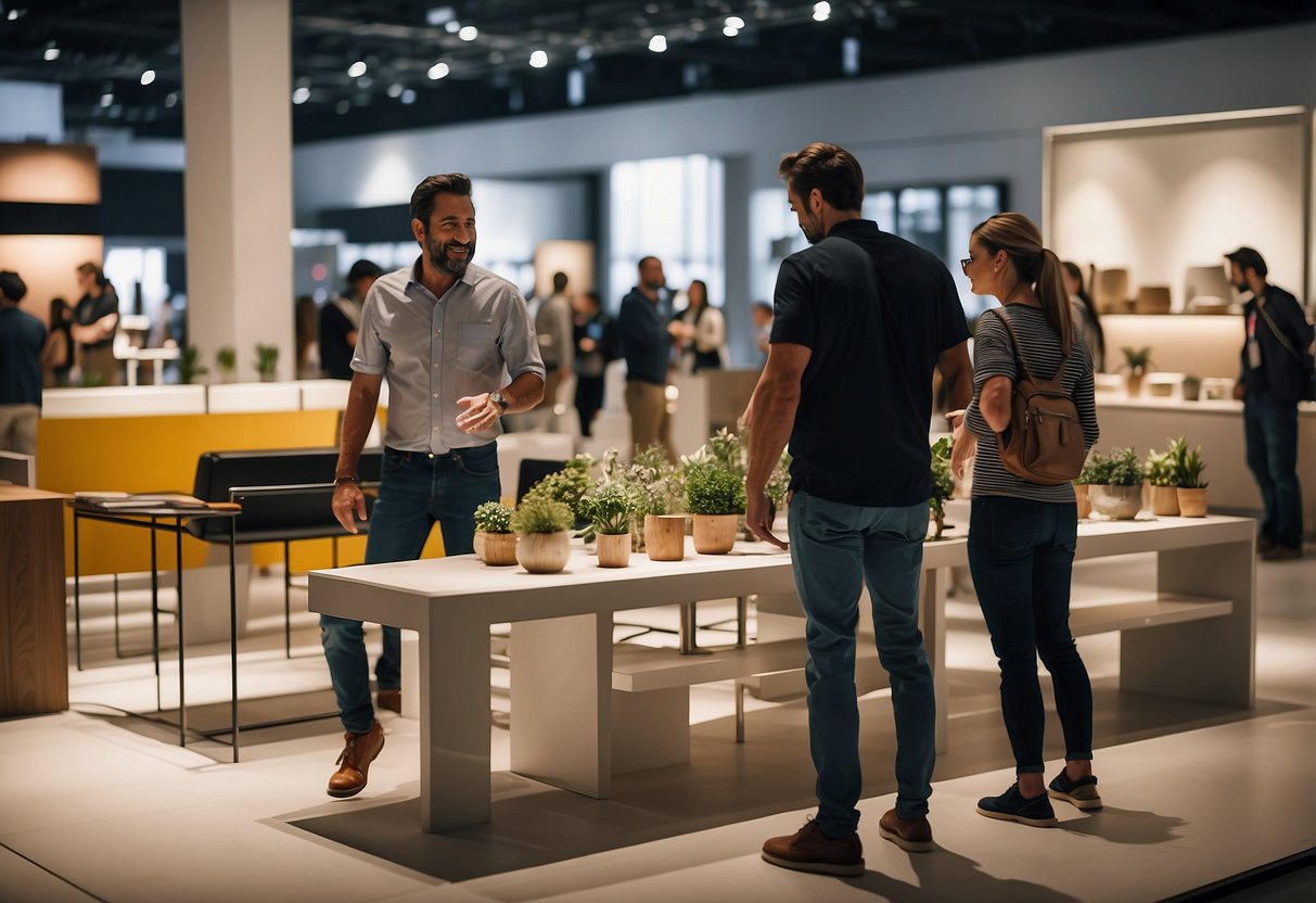 Visitors browse modern furniture displays at a bustling expo
