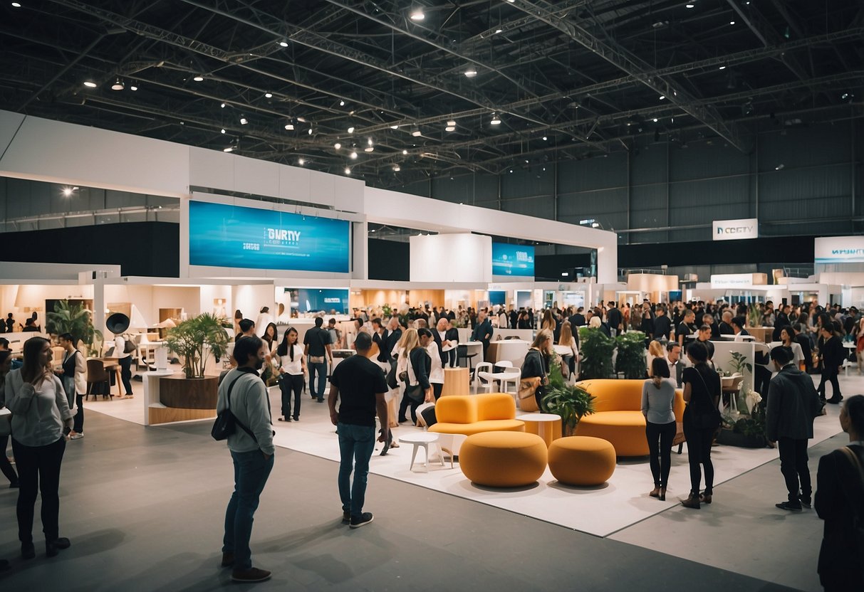 A bustling expo hall filled with modern furniture displays and eager visitors at the Frequently Asked Questions furniture fair