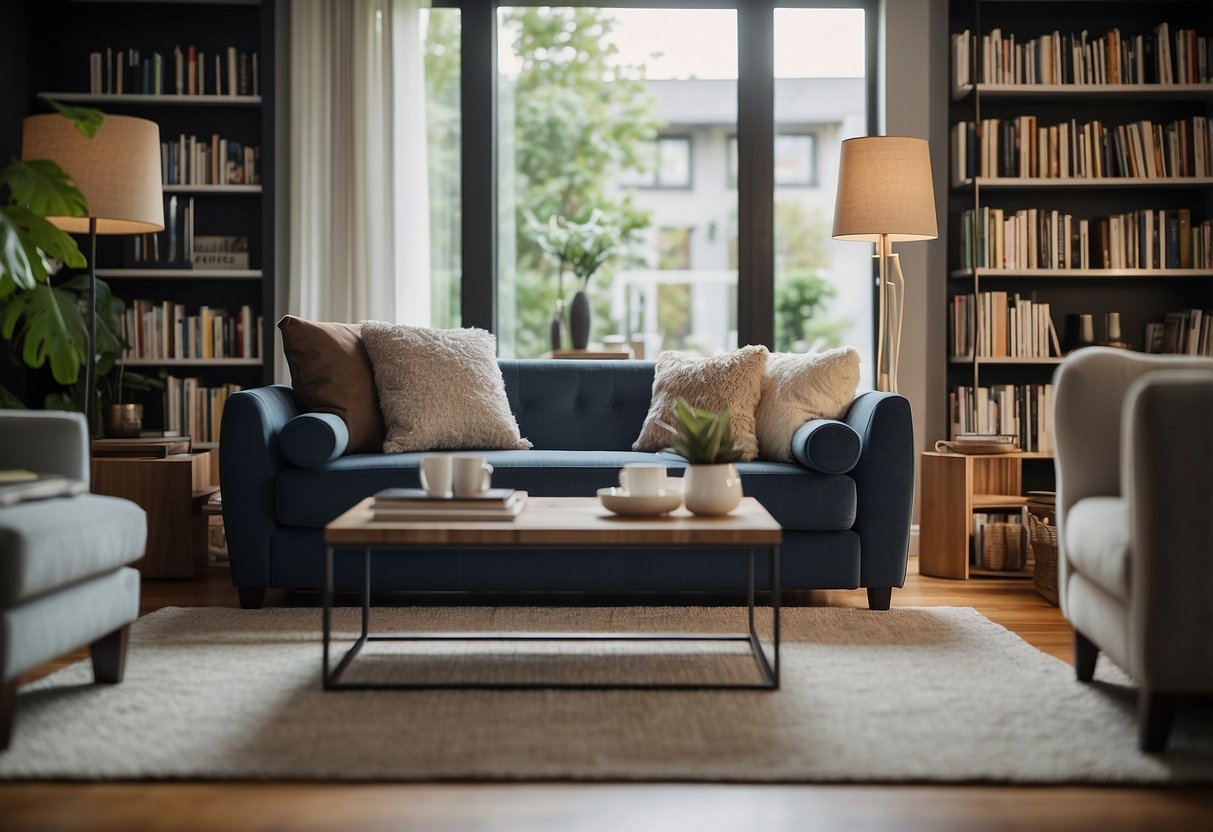 A cozy living room with a modern sofa, a sleek coffee table, and a stylish bookshelf. A customer service representative is assisting a couple with their inquiries about the furniture