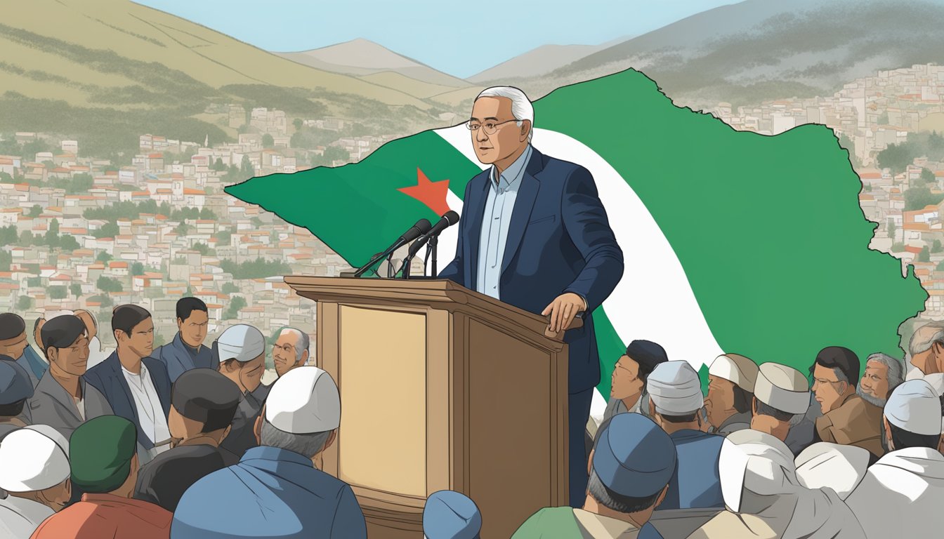 Mizuno stands at a podium, addressing a diverse audience on international issues. A map of Palestine is displayed behind him, as he expresses support for the region