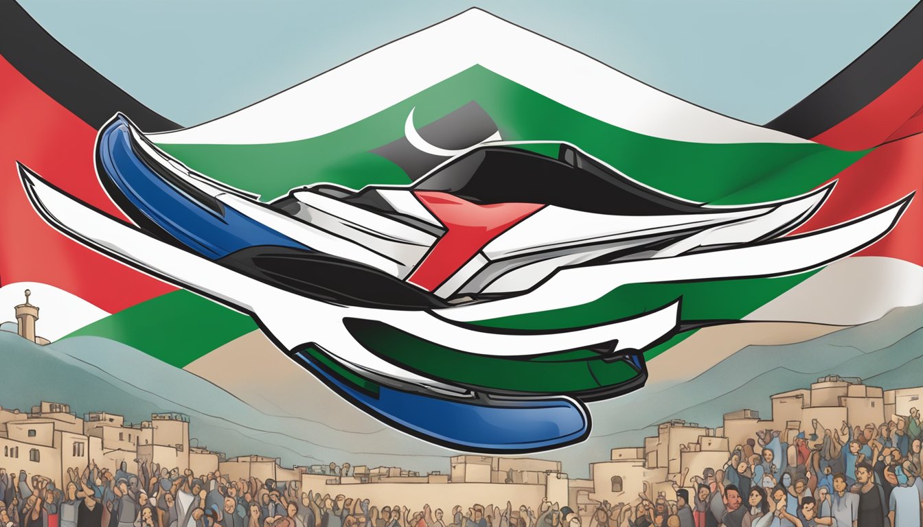 Mizuno's logo displayed alongside a Palestinian flag at a charity event