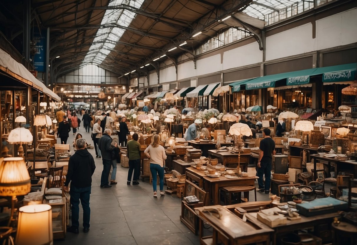 A bustling marketplace with various secondhand furniture displayed. Customers haggling with sellers. Bright signage and colorful displays