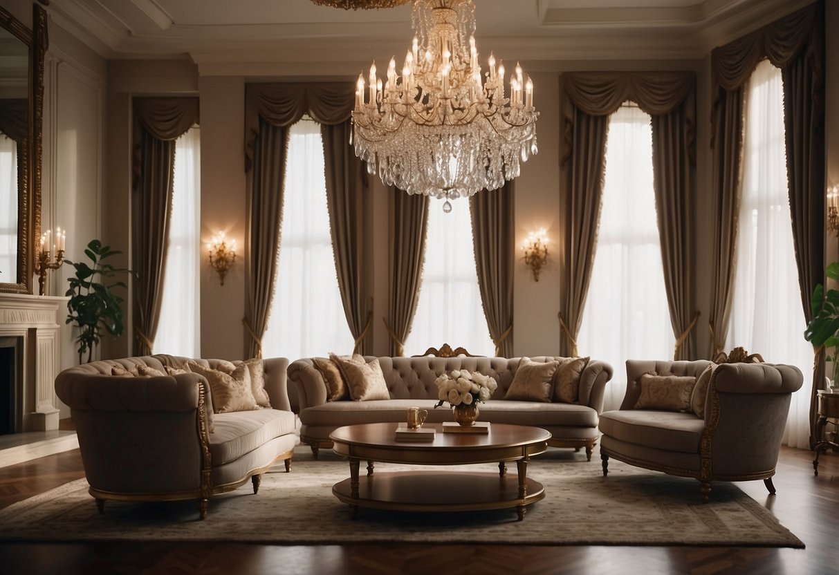 A grand marquis furniture set, adorned with intricate carvings and luxurious fabrics, sits in an opulent living room with ornate chandeliers and elegant drapes