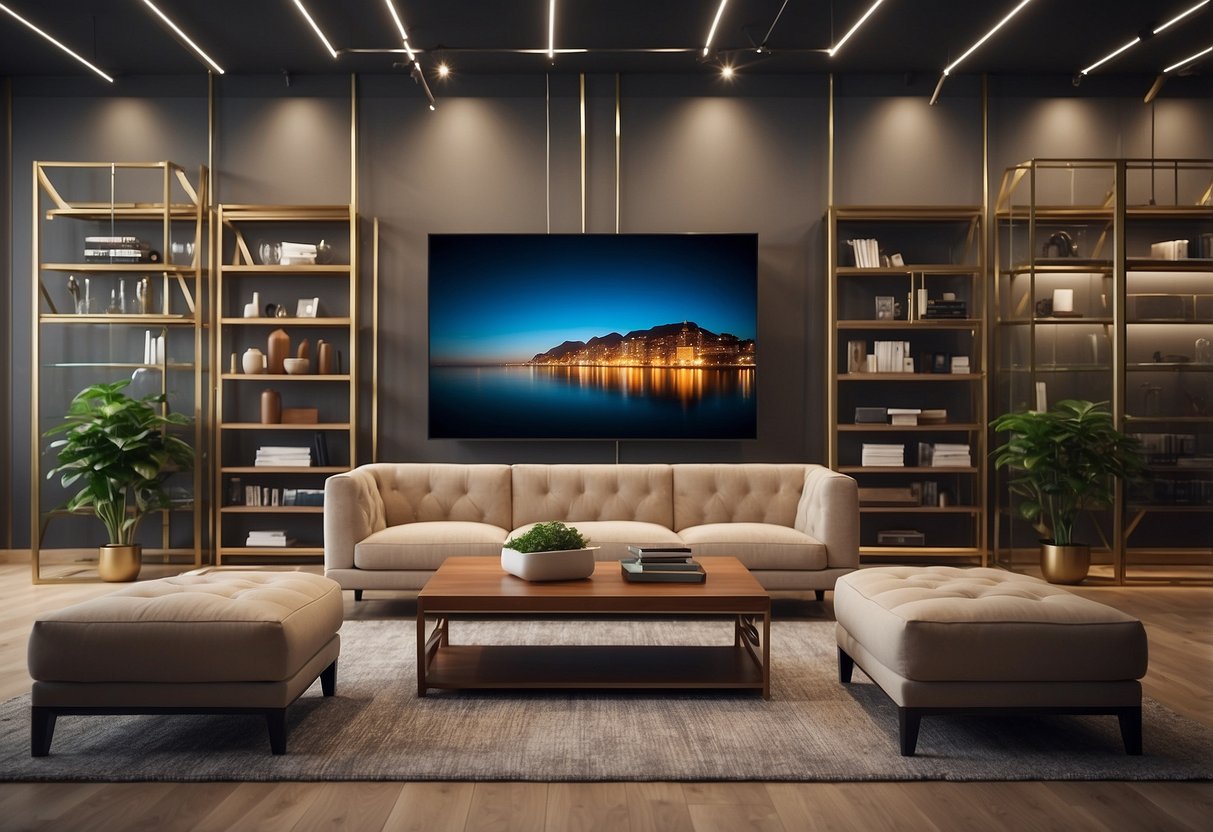 Furniture arranged neatly, polished and dust-free. Price tags clearly displayed. Bright, well-lit room with ample space for browsing