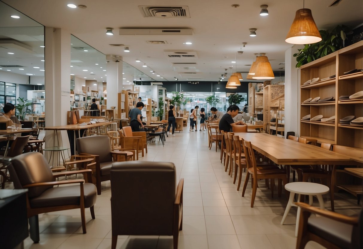 A bustling Toa Payoh furniture shop with rows of chairs, tables, and cabinets on display. Customers browse through the selection, while staff members assist with inquiries