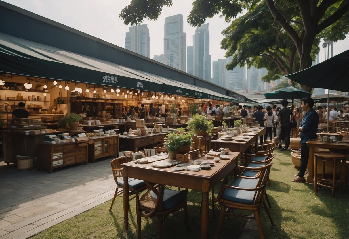 A bustling marketplace with various furniture displayed outdoors. Customers browse and negotiate with sellers. A sign reads "Where to Sell Used Furniture in Singapore."