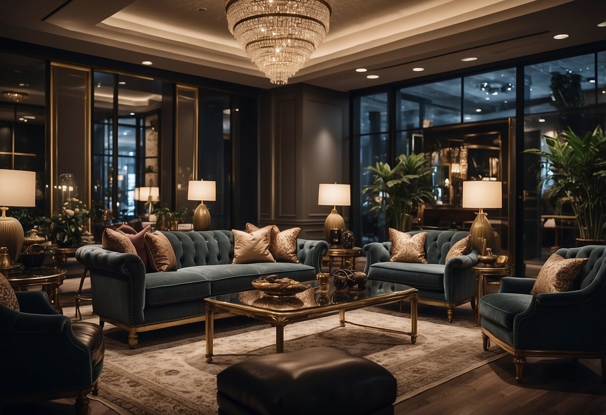A spacious showroom filled with luxurious furniture, elegant lighting, and intricate decor. Rich textures and deep colors create a sense of opulence