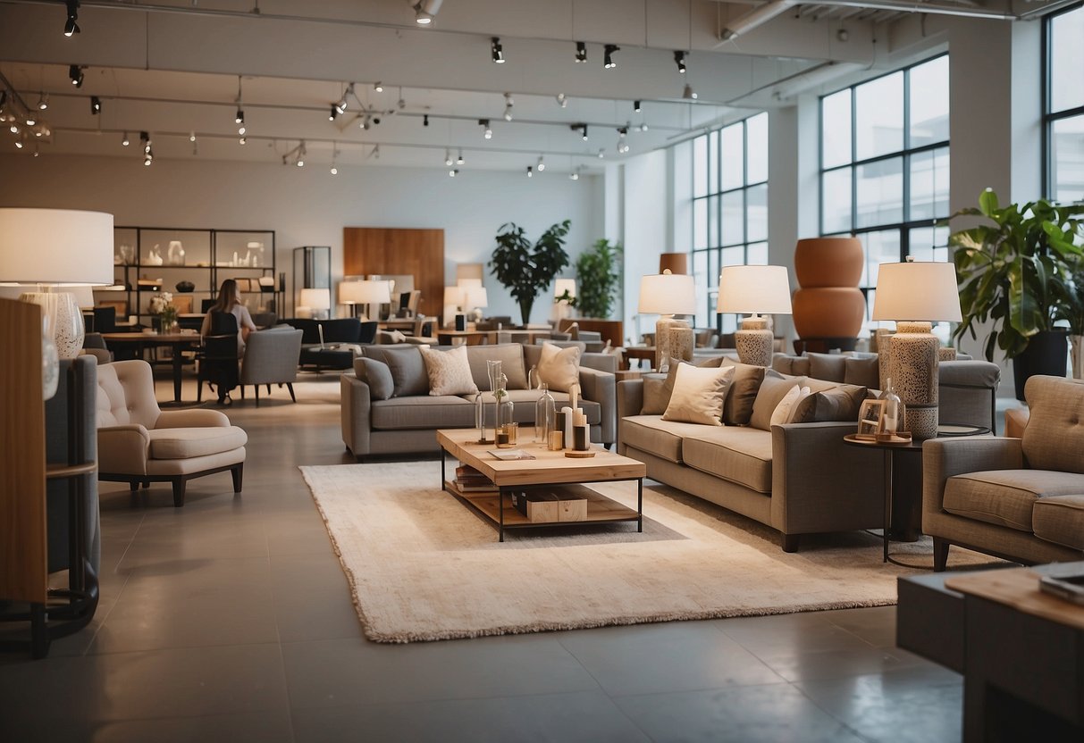 Customers browsing through a variety of furniture displays in a spacious and well-lit showroom. Decorative pieces and functional items are neatly arranged, with helpful staff assisting in the background