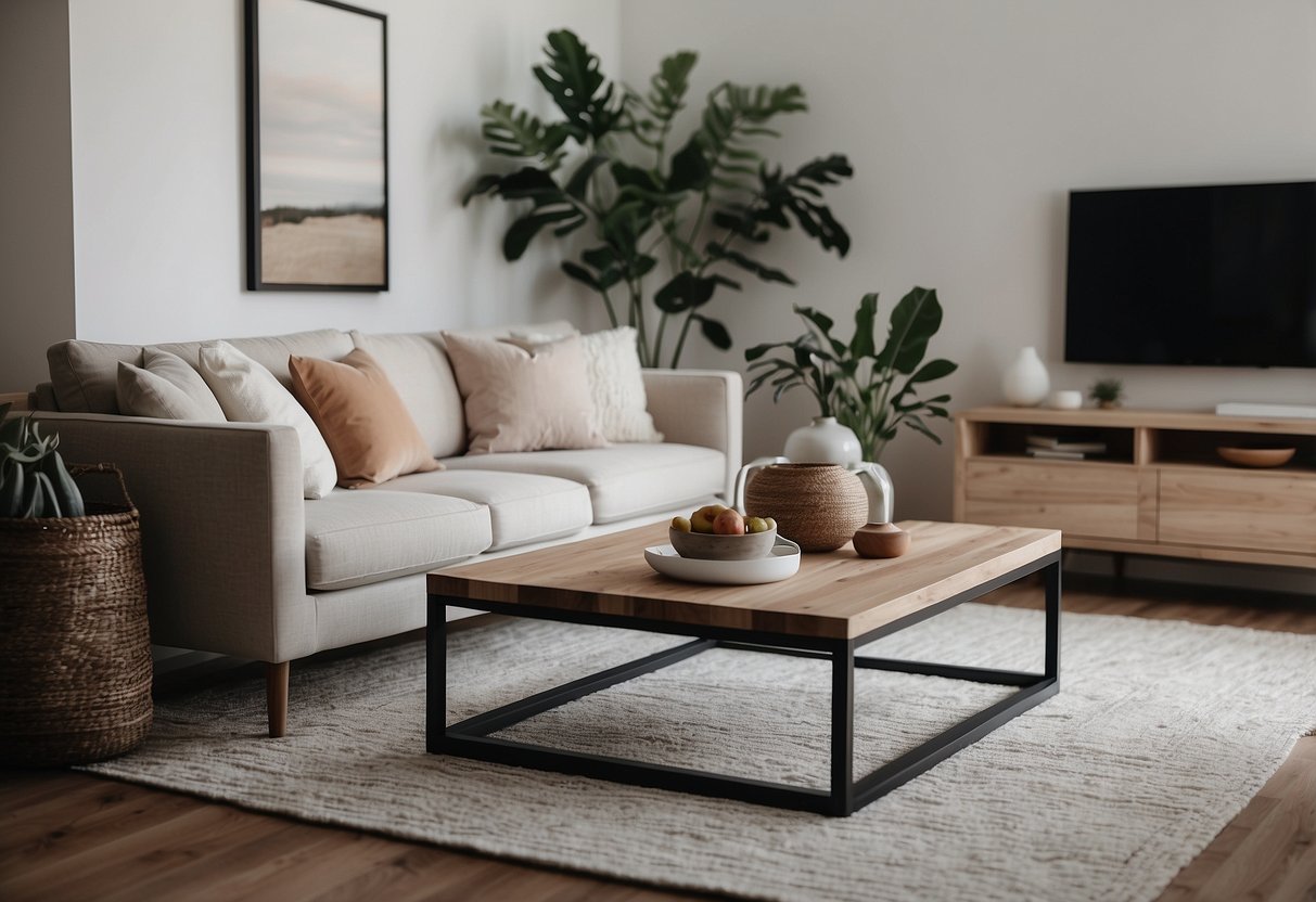 A cozy living room with modern, affordable furniture. Clean lines, neutral colors, and stylish accents. Online shopping website on a computer screen