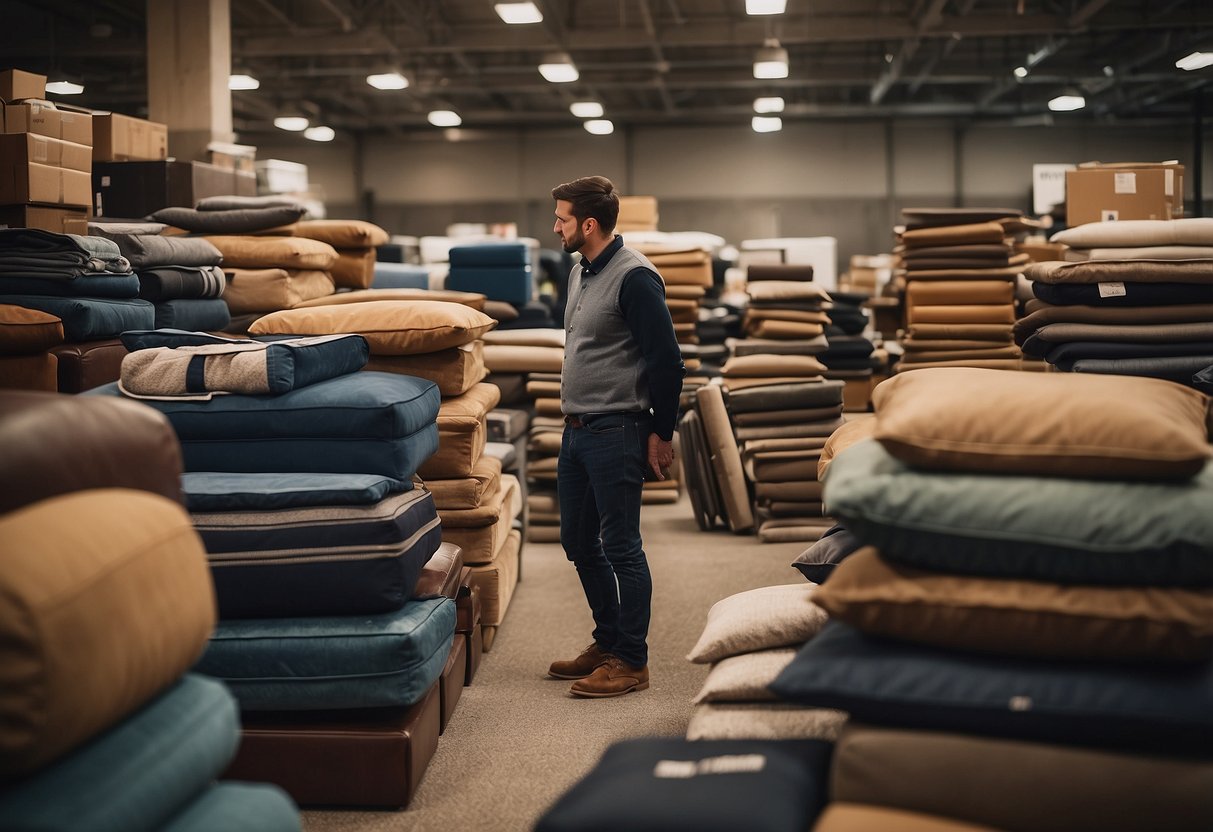 A stack of used furniture with price tags, a customer browsing, and a salesperson assisting