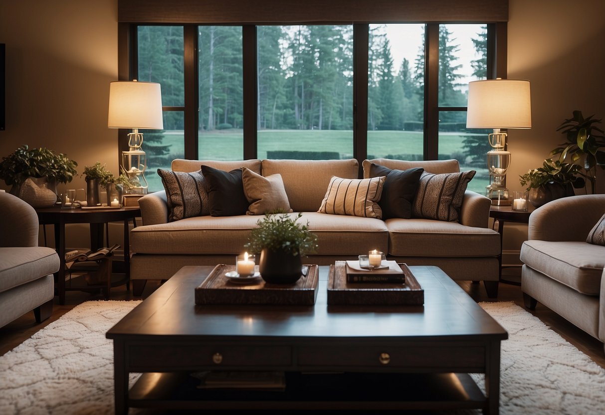 A cozy living room with Marquis furniture, featuring a plush sofa, elegant coffee table, and stylish accent chairs. Warm lighting and decorative accents complete the inviting space