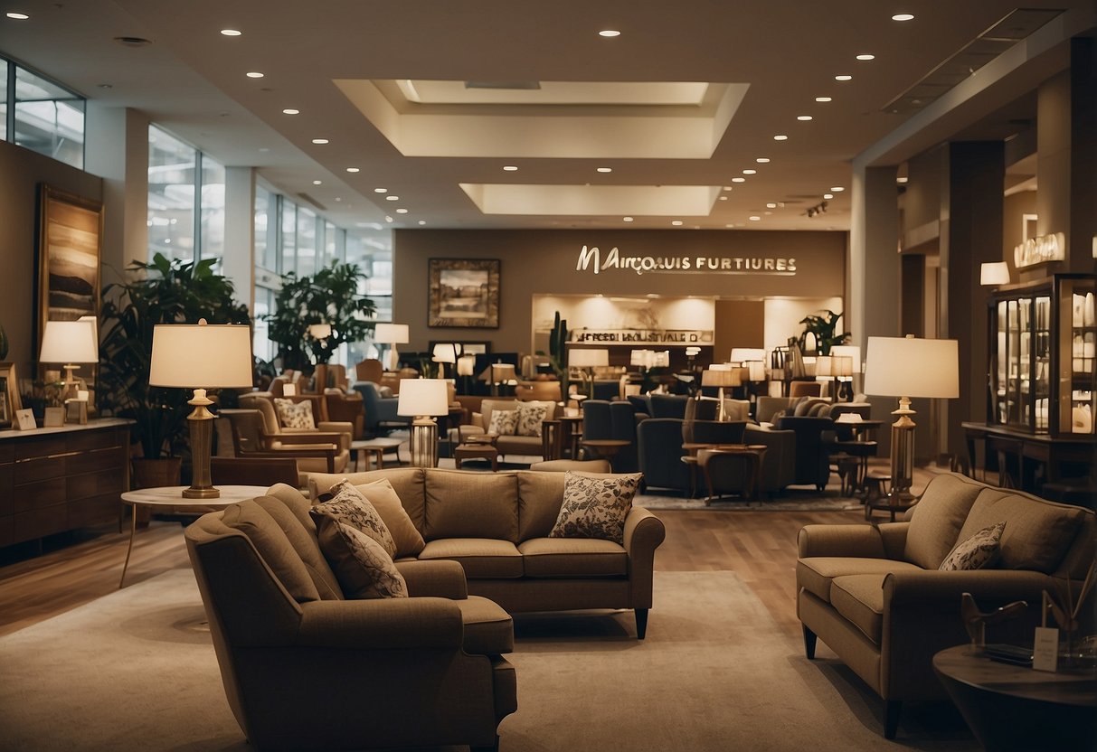 A marquis furniture store with a sign and customers browsing