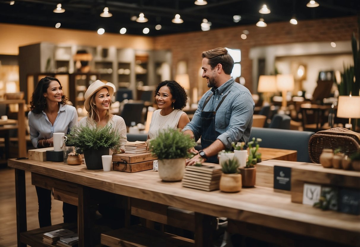 Customers browsing furniture, staff assisting, signage with FAQs, cozy atmosphere, organized displays, various furniture pieces showcased