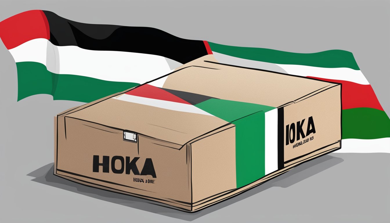 A shoebox labeled "Hoka One One" sits beside a Palestinian flag, symbolizing support for Palestine