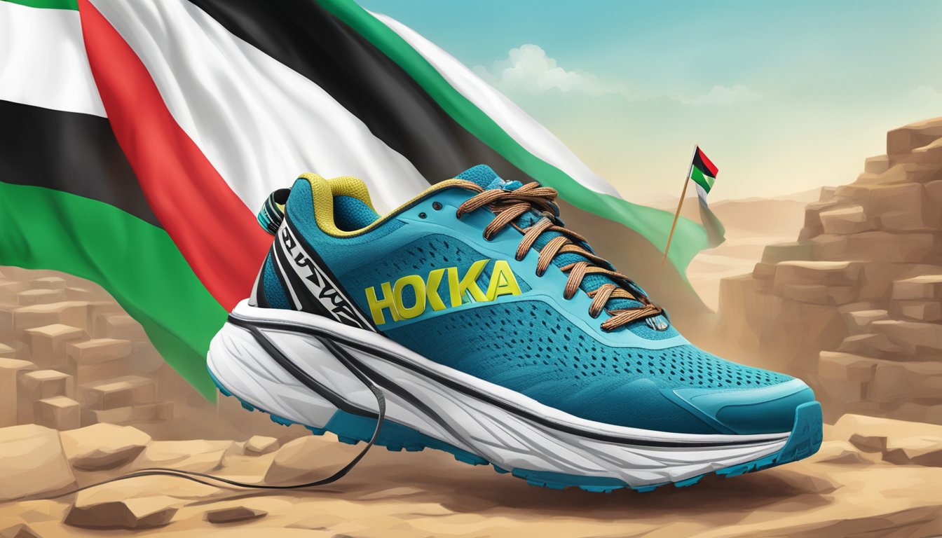 A vibrant outdoor scene with Hoka One One shoes and Palestinian flag in the background, symbolizing support for Palestine