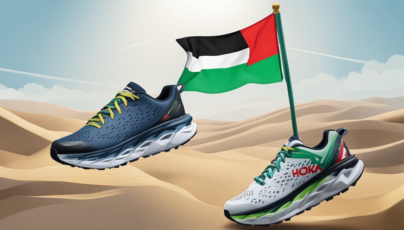 Hoka One One logo displayed with Palestinian flag in background