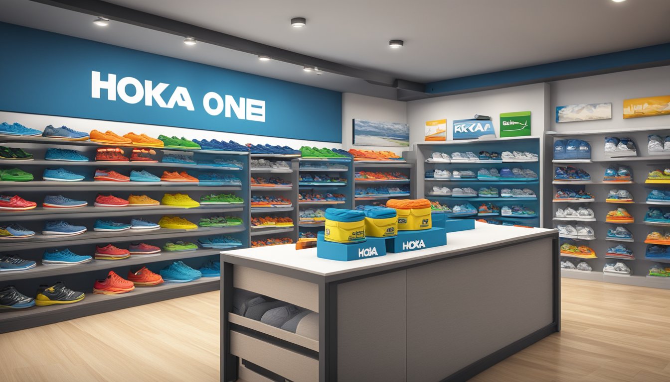 Hoka One One's product range displayed with popular models in a store, with the Palestinian flag visible in the background