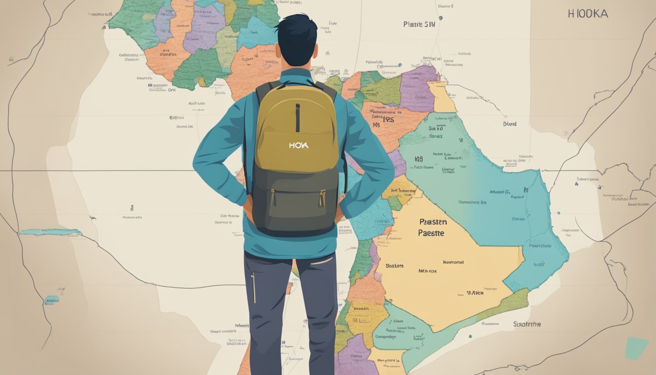 A person wearing Hoka One One shoes stands in front of a map of Palestine, with a question mark hovering above their head