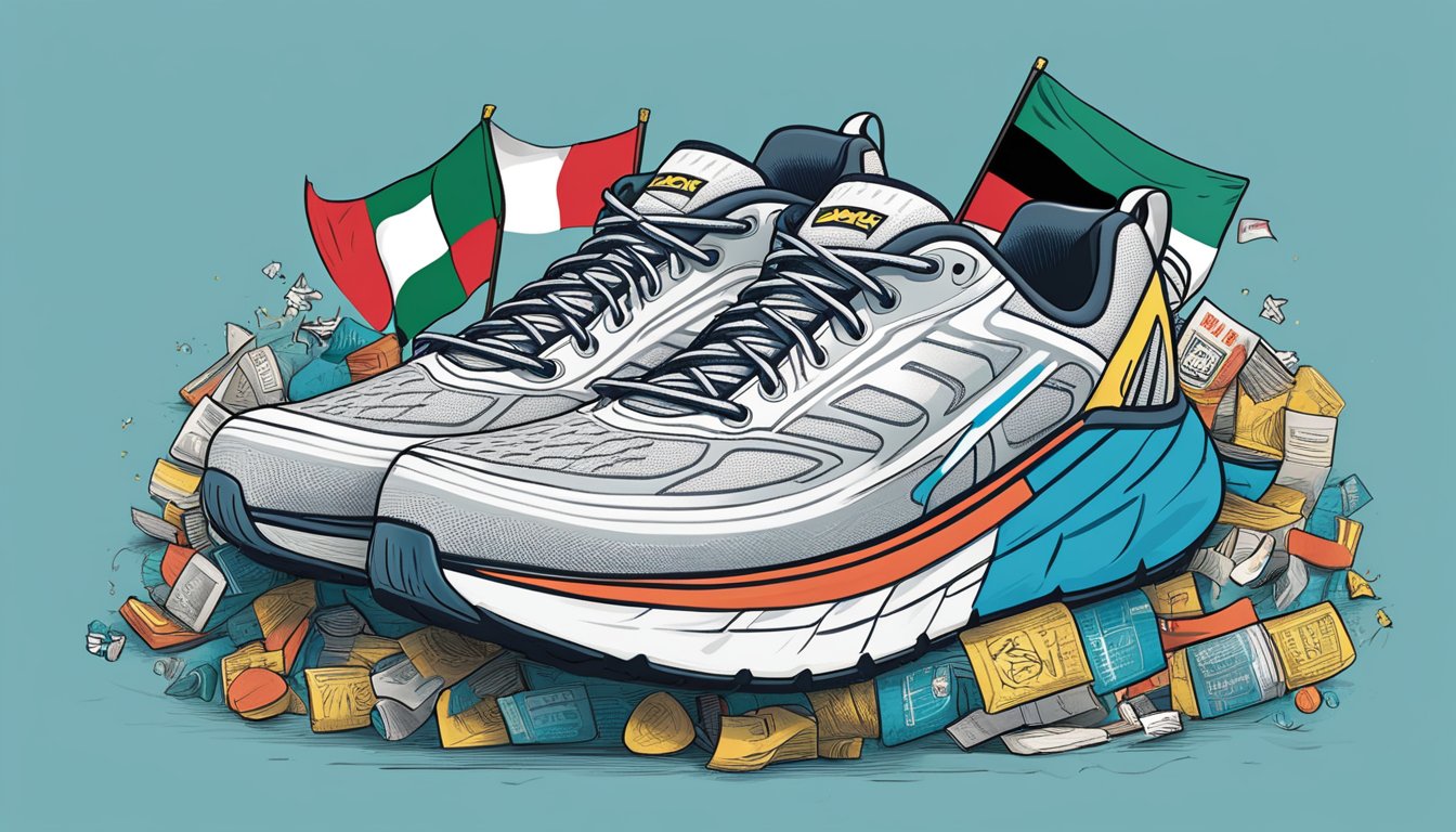 A Hoka One One running shoe with a Palestinian flag on the tongue, surrounded by supportive messages and symbols of solidarity