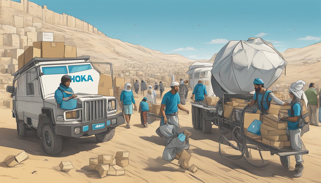 Hoka One One's logo displayed alongside humanitarian aid in Palestine