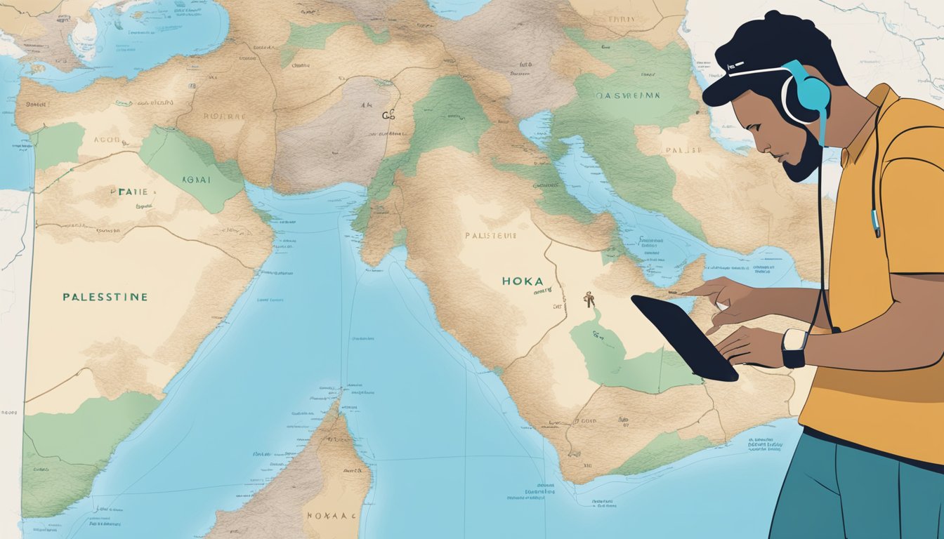 A person wearing Hoka One One shoes in front of a map of Palestine, with a customer service representative on the phone