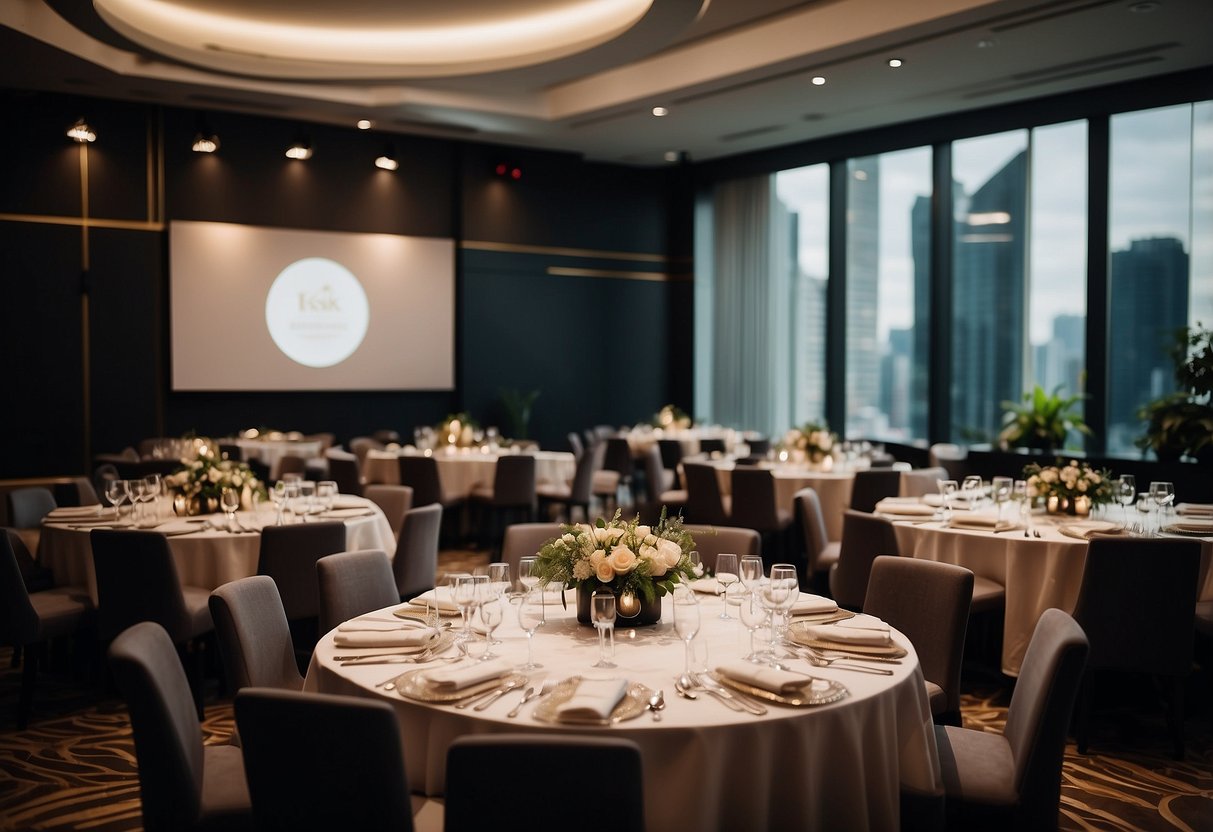 A sleek, modern event furniture set up in a spacious venue in Singapore. Tables, chairs, and decor create an inviting atmosphere