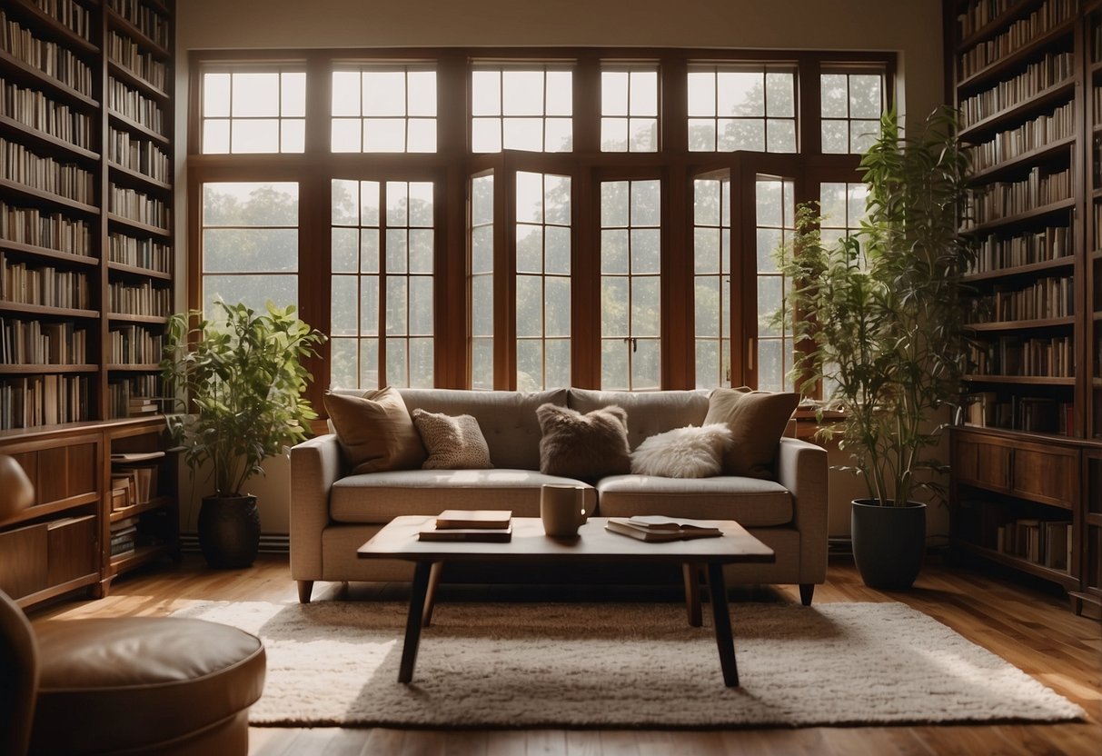 A cozy living room with a plush sofa, coffee table, and bookshelf filled with books. A warm rug covers the hardwood floor, and a large window lets in natural light