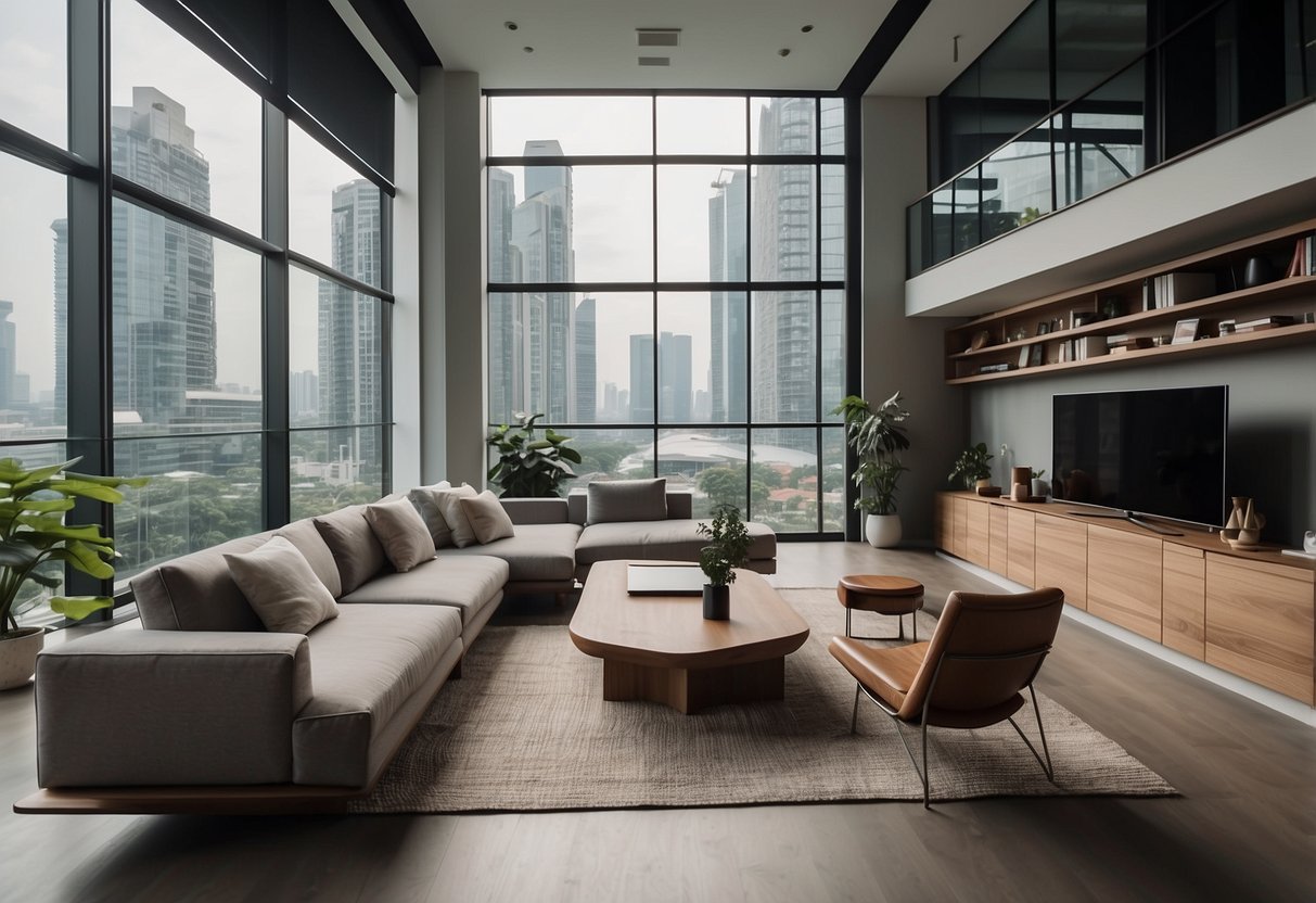 A modern loft in Singapore with sleek furniture, clean lines, and a minimalist aesthetic. The space is filled with natural light and features a mix of wood, metal, and neutral tones