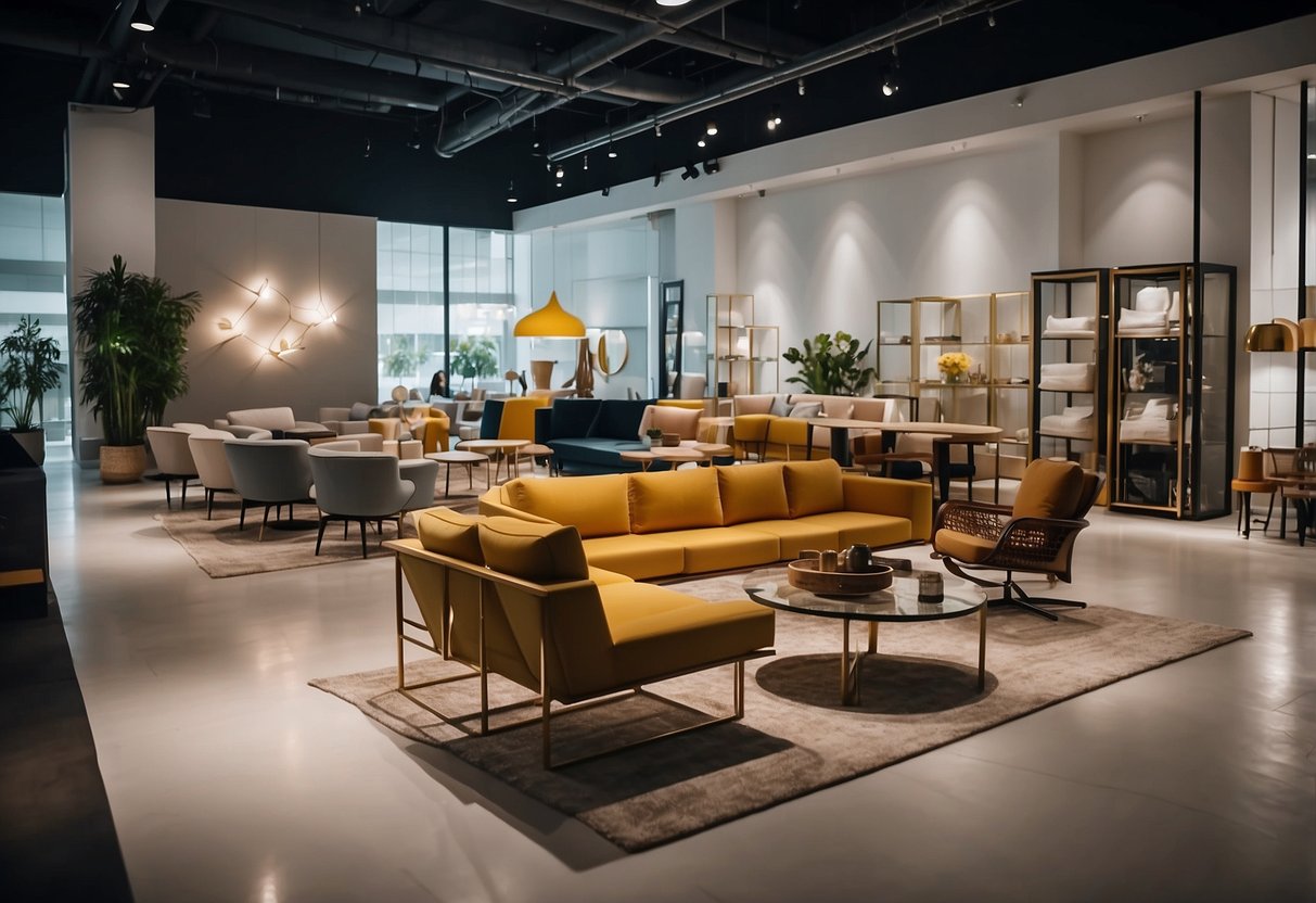 People browsing event furniture in Singapore showroom. Various chairs, tables, and decor options on display. Bright, modern space with friendly staff