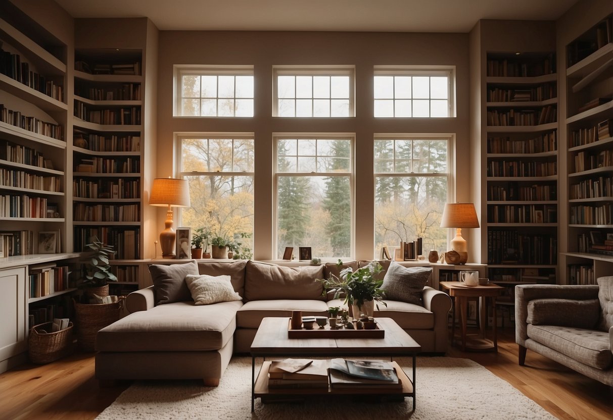 A cozy living room with a plush sofa, coffee table, soft rug, and bookshelves filled with books and decorative items. A warm, inviting space with natural light streaming in through the windows