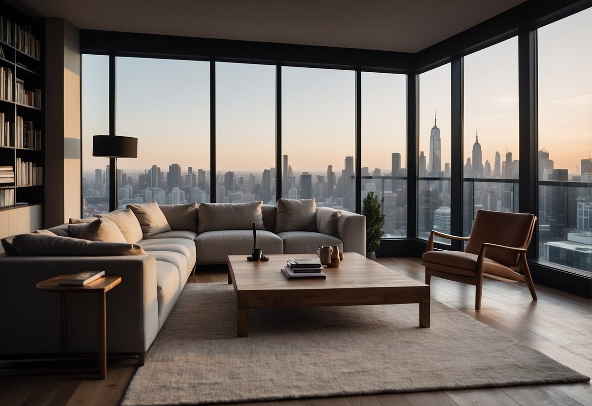 A cozy loft space with a modern sofa, sleek coffee table, and stylish bookshelf against a backdrop of large windows with a view of the city skyline