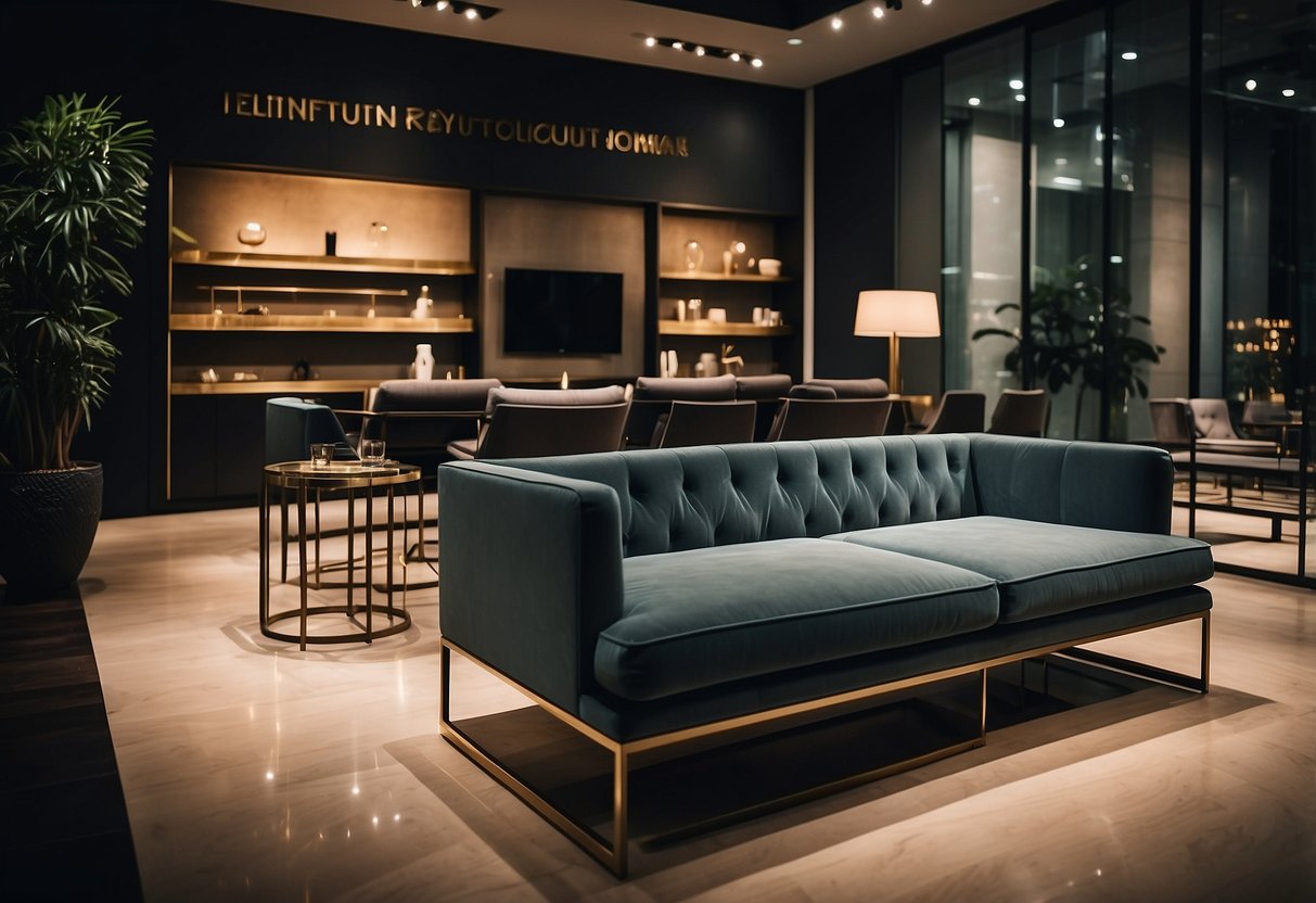 A showroom with modern and luxurious furniture displays in Singapore. Rich textures, sleek lines, and elegant designs create a sophisticated ambiance