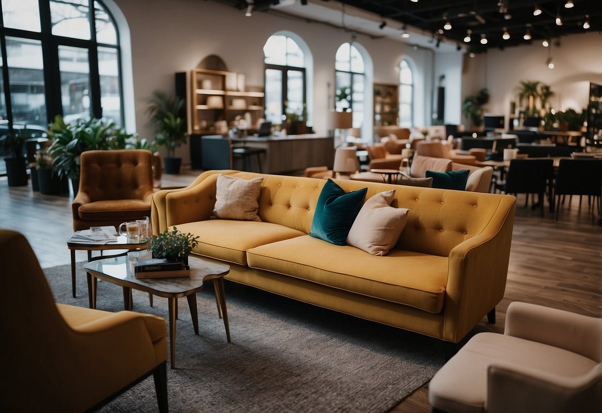 A bustling event furniture rental shop with a variety of stylish chairs, tables, and decor on display. Customers and staff interact, discussing rental options