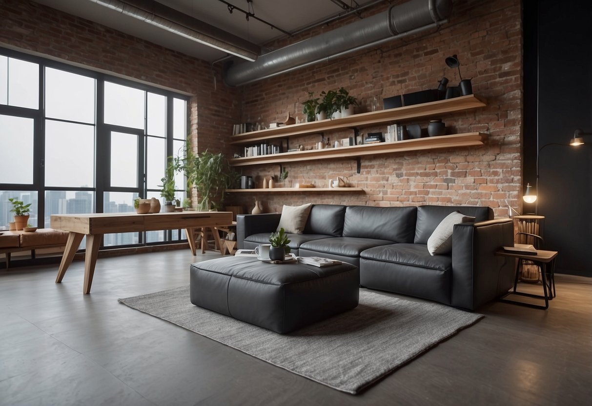 A modern loft space with sleek, multifunctional furniture pieces, such as a convertible sofa bed, a minimalist coffee table, and a space-saving wall shelf