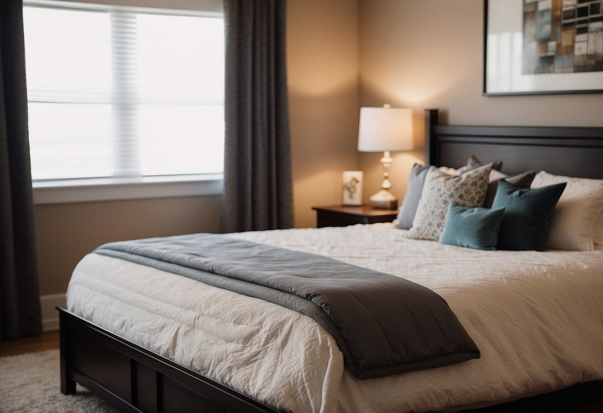 A bedroom with a large bed, nightstands, and a dresser. A dining room with a table, chairs, and a buffet