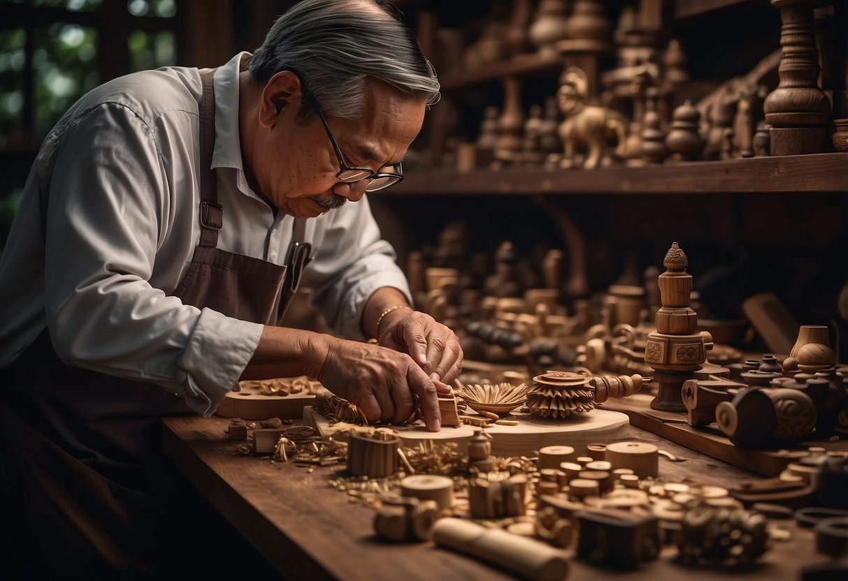 A master craftsman meticulously carves intricate designs into rich, dark wood, surrounded by tools and shavings, creating Singapore's finest furniture