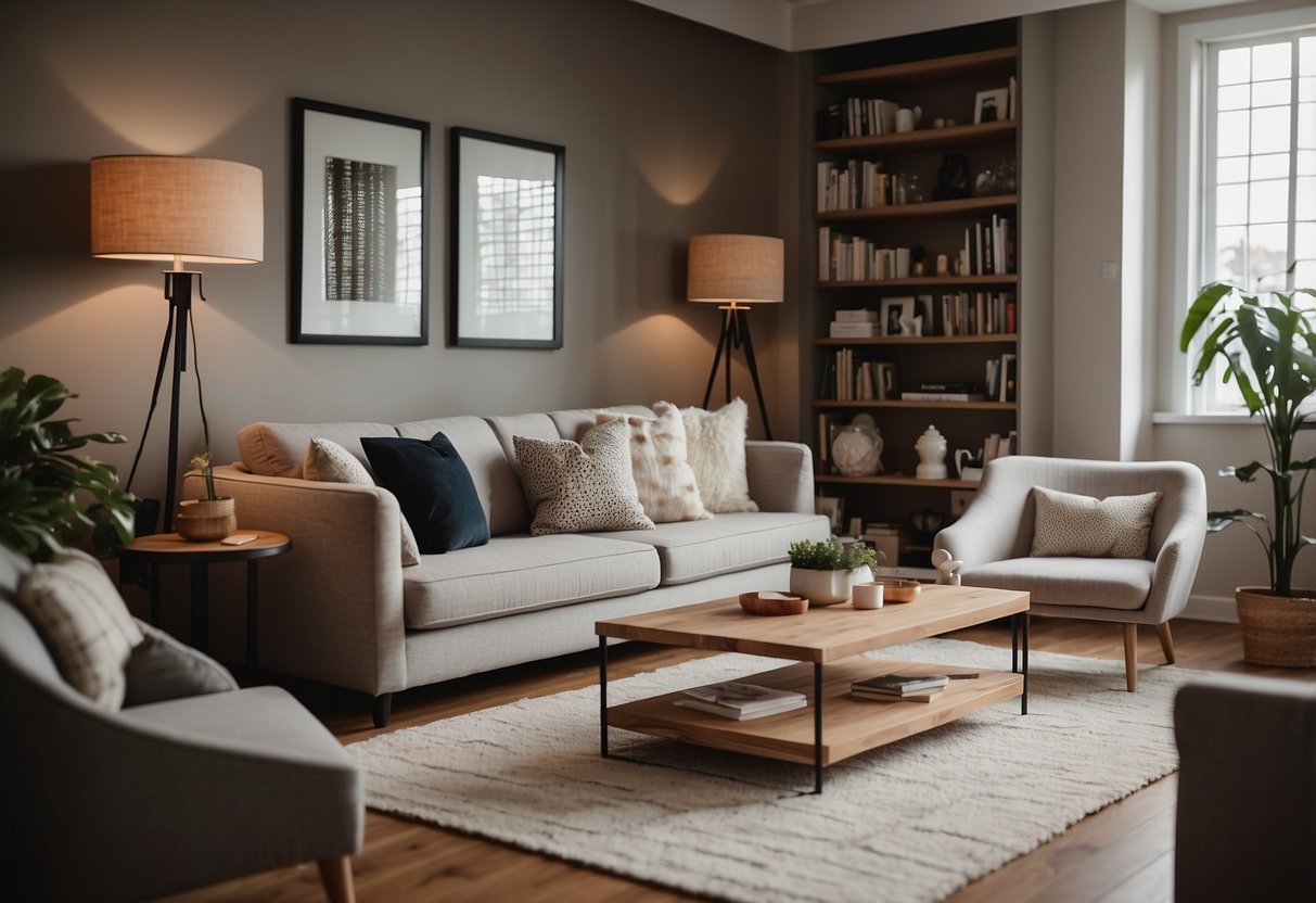 A cozy living room with a sofa, coffee table, and bookshelf. A dining table with chairs. A well-organized study area with a desk and bookshelves
