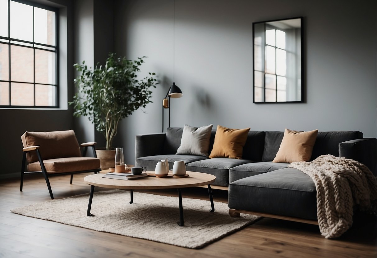 A modern loft space with sleek and minimalist furniture, including a comfortable sofa, a stylish coffee table, and a functional desk with a chair
