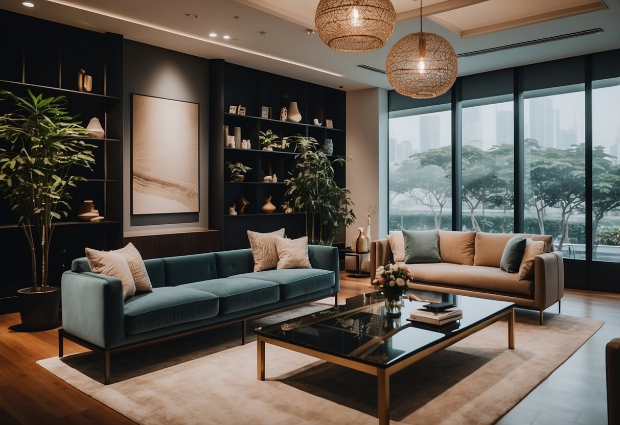 A sleek and modern furniture showroom in Singapore, with premium pieces displayed in well-lit and spacious settings