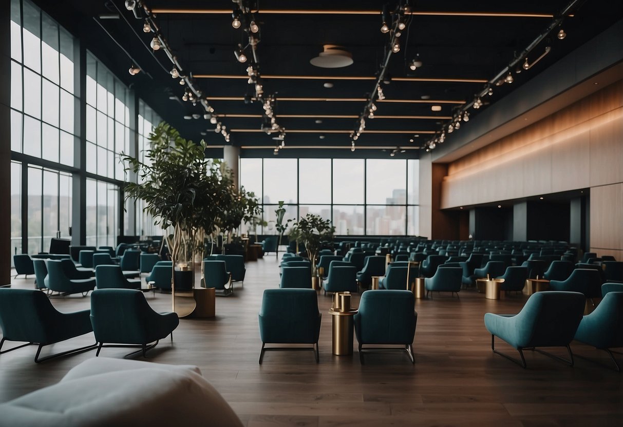 A bustling event hall with various seating options, from sleek modern chairs to luxurious sofas, all arranged in an organized and inviting manner